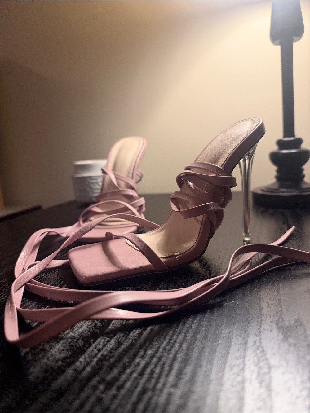 Mauve Strappy Lace-Up Heeled Sandals with Clear Stiletto Heel